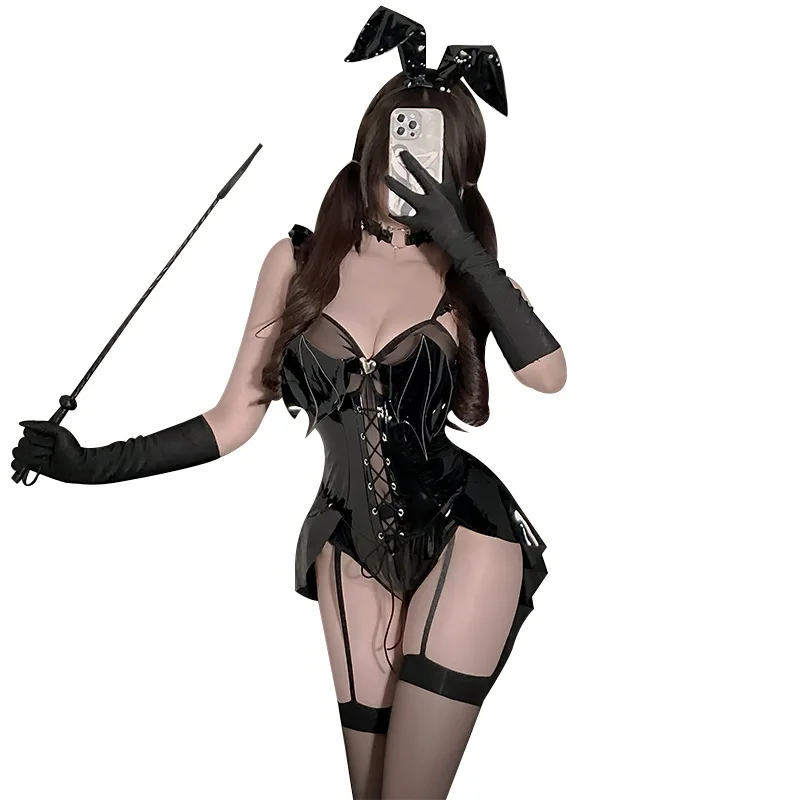 Seksowny kostium diabła na Halloween, zestaw ze sztucznej skóry, bielizna króliczka, damski gorset i spódnica, zestaw 639