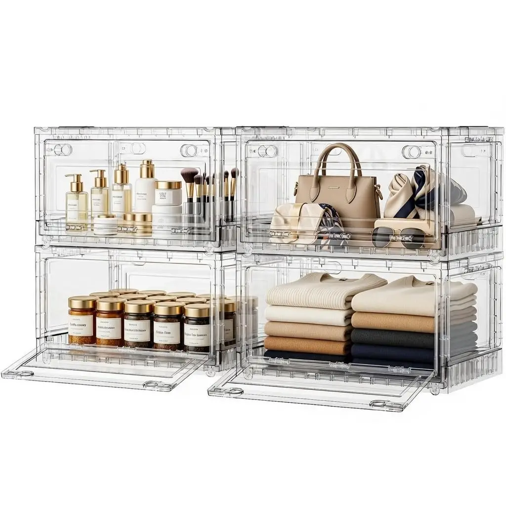 Stackable Storage Bins with Lids & Wheels, Clear Plastic Drawers Closet Organizers with Front , 320Qt 4Pack, Customized