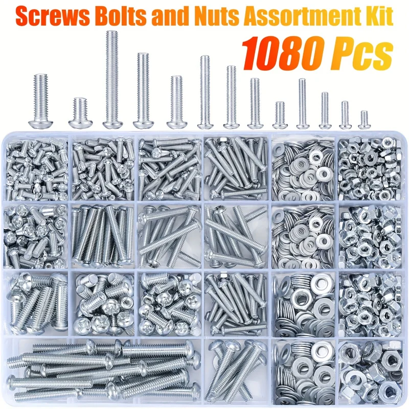 

1080Pcs M3/M4/M5/M6 Screw Assortment Kit, Metric Machine Bolts Nuts Set with Flat Washers, Slotted Pan Head Hex Fasteners