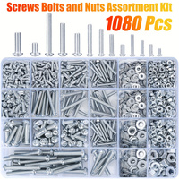 1080Pcs M3/M4/M5/M6 Screw Assortment Kit, Metric Machine Bolts Nuts Set with Flat Washers, Slotted Pan Head Hex Fasteners