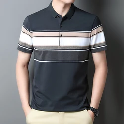 2024new Summer Fashion High Quality All Cotton Stripe Thin Lapel Short Sleeve Top Versatile Business Casual Men's Polo Shirt