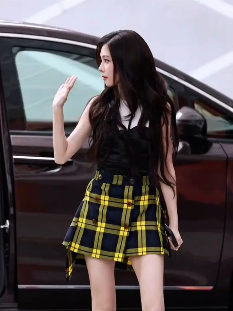 Y2K American Young Lady Preppy Yellow Black Plaid Mini Skirt High Waist Double Breasted Button Irregular Hem A-Line Short Skirt