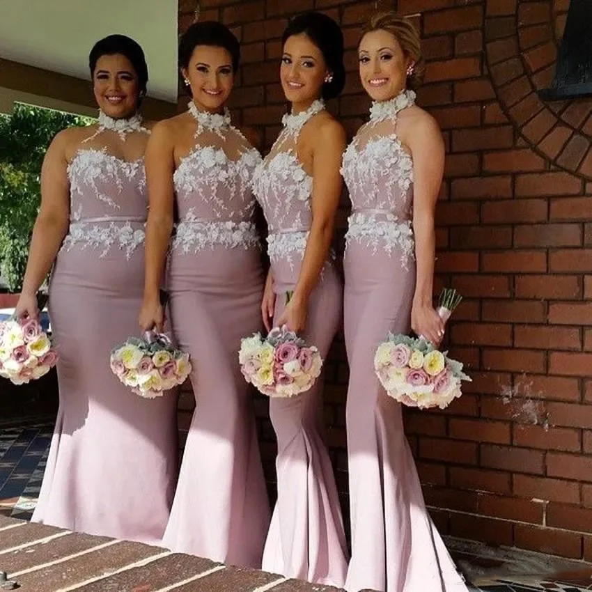 Hater Pink Beach Mermaid Bridesmaid Dresses Sheer Neck Applique Satin Long Custom Made Maid of Honor Gowns Formal Dress