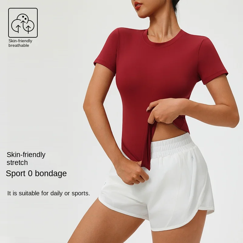 Eng anliegender, schlankmachender Yoga-Anzug, kurzärmeliges, atmungsaktives Lauf-T-Shirt mit Rundhalsausschnitt, elastisches Pilates-Oberteil