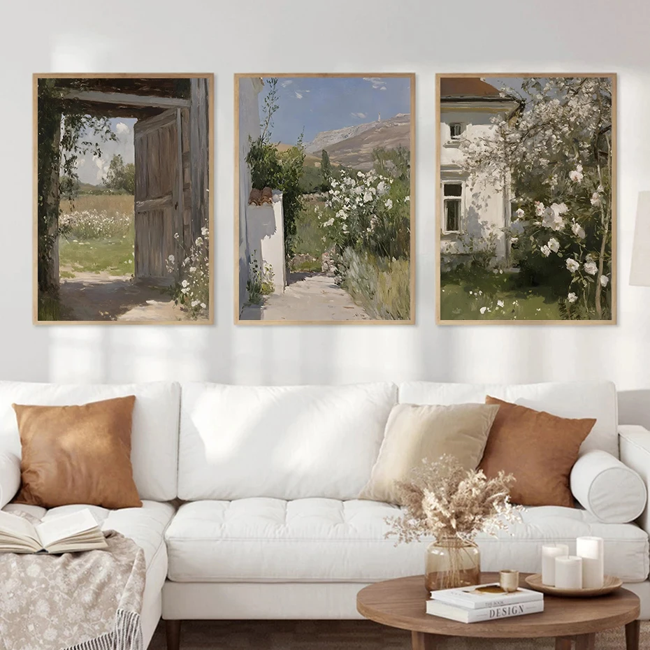 Rustic Farmhouse Doorway Summer Rose Garden Scene Interior Canvas Painting Poster Print Vintage Wall Art Living Room Home Decor