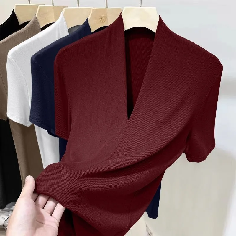 Neues Kurzarm-Oberteil mit Gewinde für Damen, Sommermode, vielseitiges Basishemd, Übergröße, schmale Passform, V-Ausschnitt, lässig und sexy – Detail 9