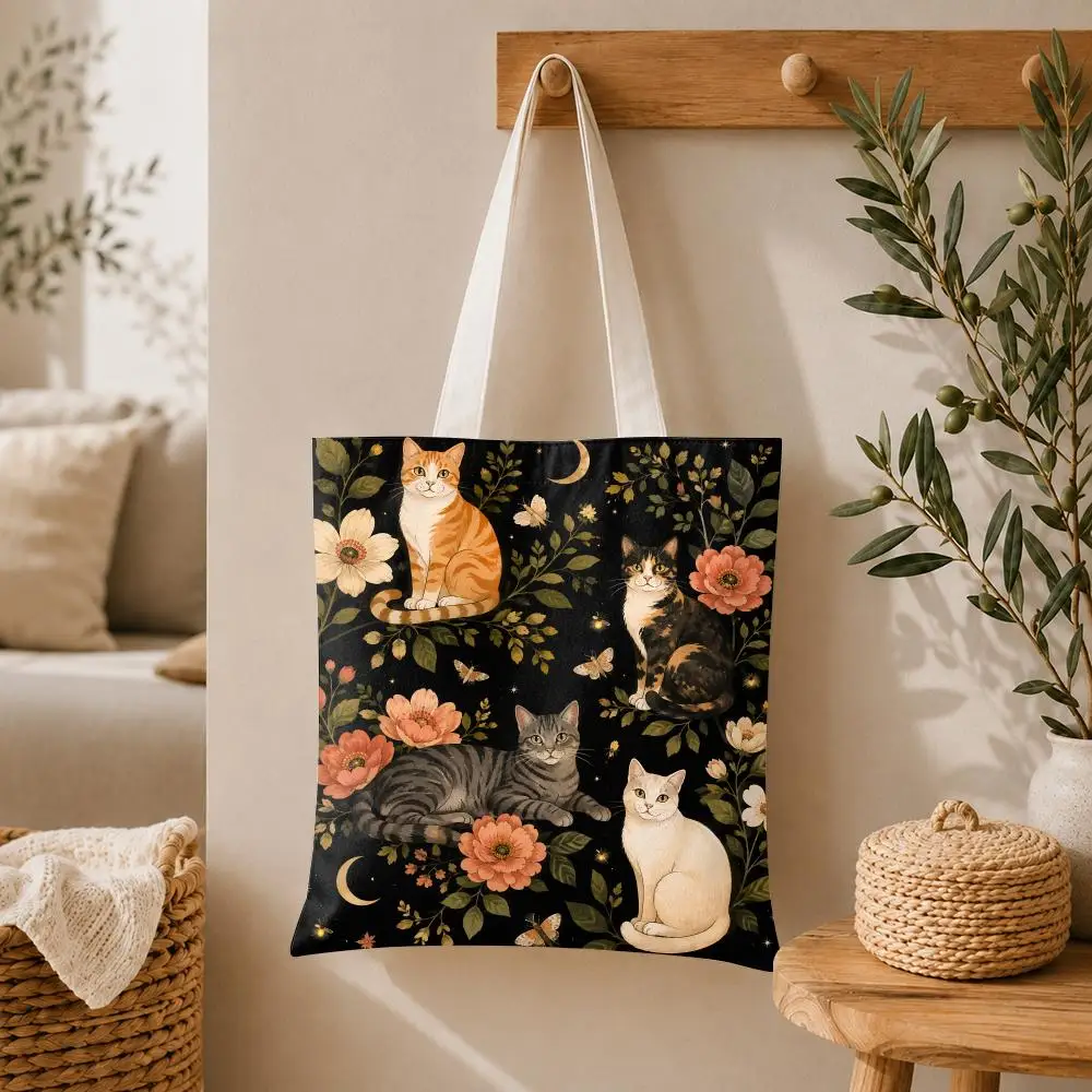 Vintage Floral And Cat-Themed Storage Bags Large Capacity Canvas Tote Bag Double-Sided Print Shoulder Handbag for Daily Shopping