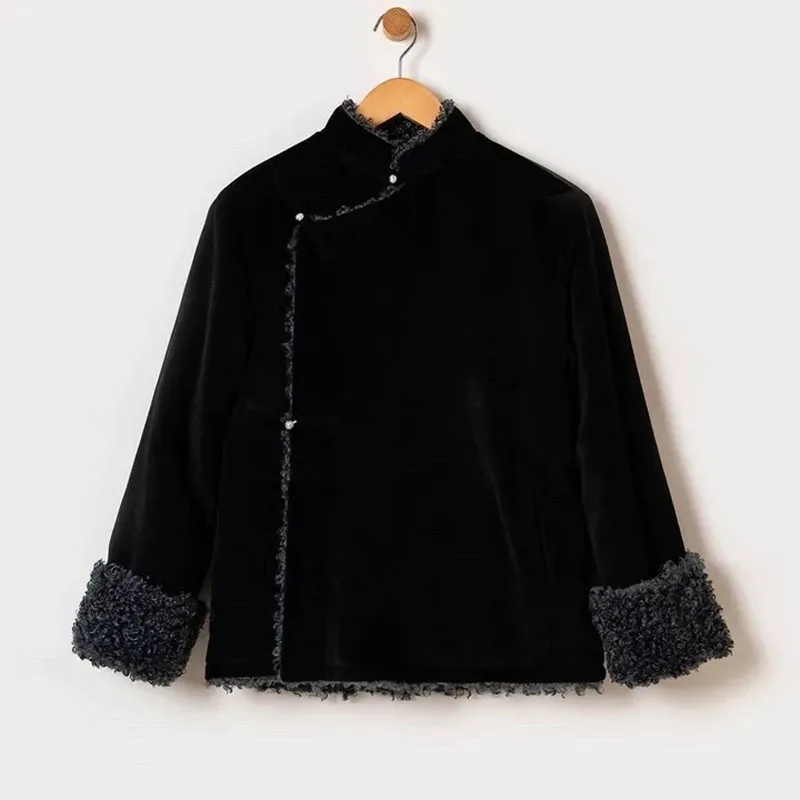 الراقية خروف الربط سترة المرأة الصوفية العرقية نمط الخريف الشتاء ملابس خارجية دافئة سوداء فضفاضة الضفدع زر معطف #1