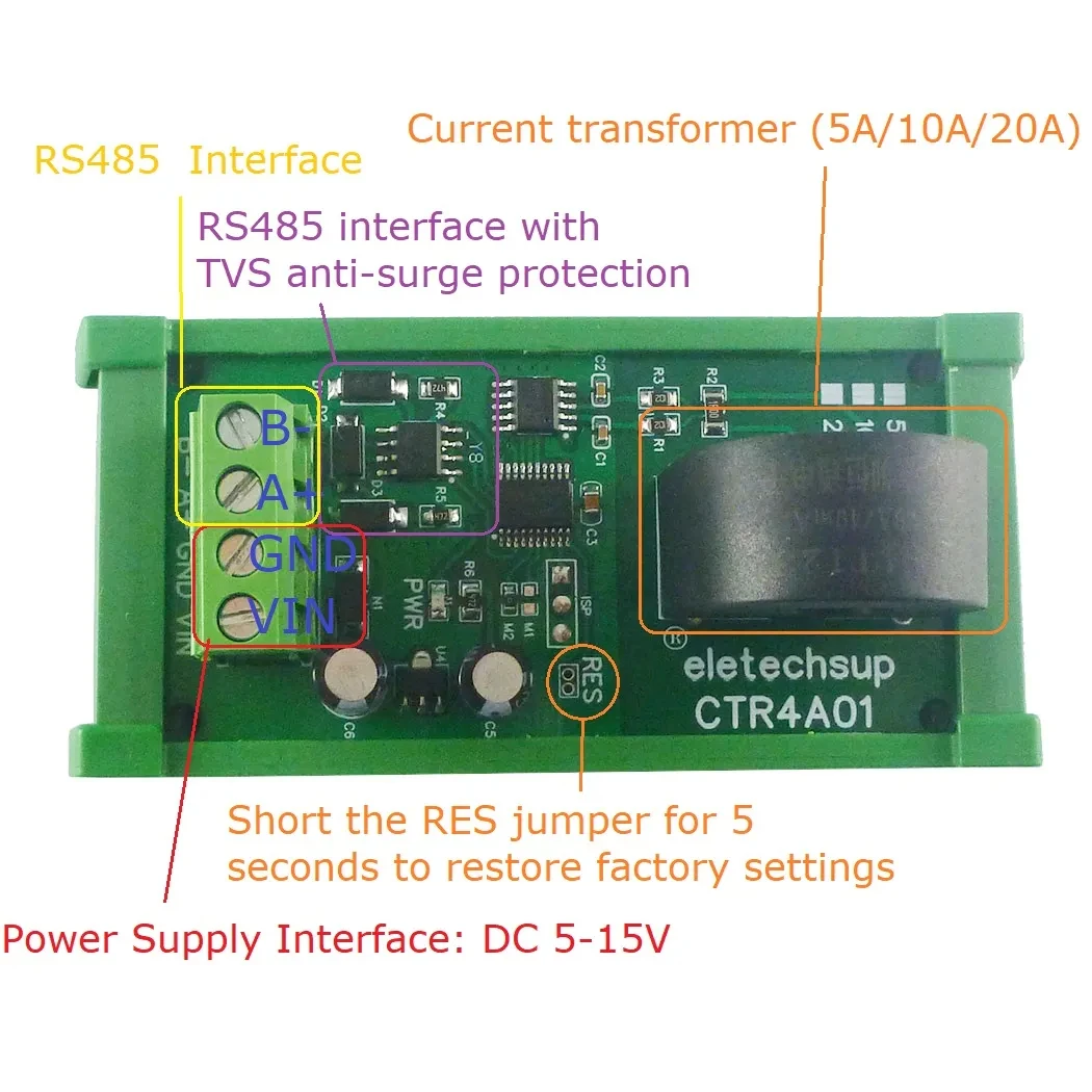CTR4A01 AC Transformer Ammeter Watt-hour Meter Module DC5-15V 5A/10A/20A AC Analog Current Collector Board RS485 MODBUS RTU