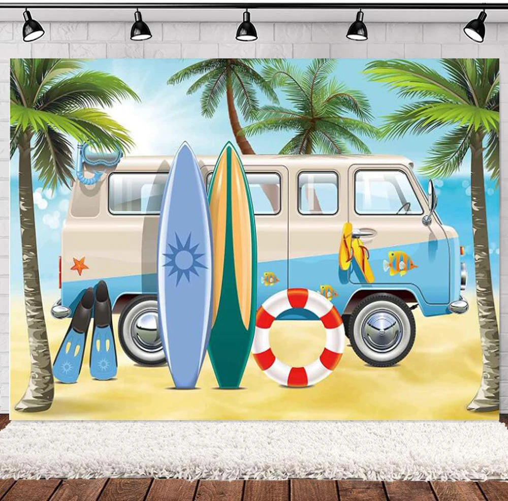 

Summer Camping Beach Photography Backdrop Tropical Ocean Seaside Bus Tree Surfboard BBQ Background Hawaiian Themed Party