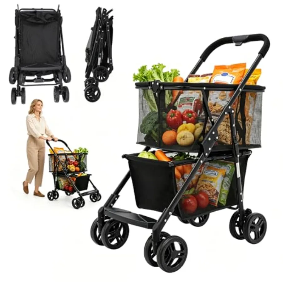 Upgraded Folding Shopping Cart, 110lbs Heavy Duty Grocery Cart Portable Multi Use Grocery Carts Aluminum Removable Tote Bag Car