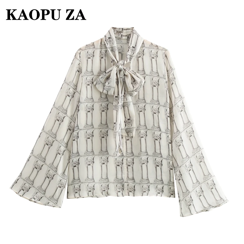 KAOPU ZA 2024 Autumn New Woman's Evening Party Coat Outerwear Casual Woman V-Collar Long Sleeve Shirt Ruffles Bowknot Top Print