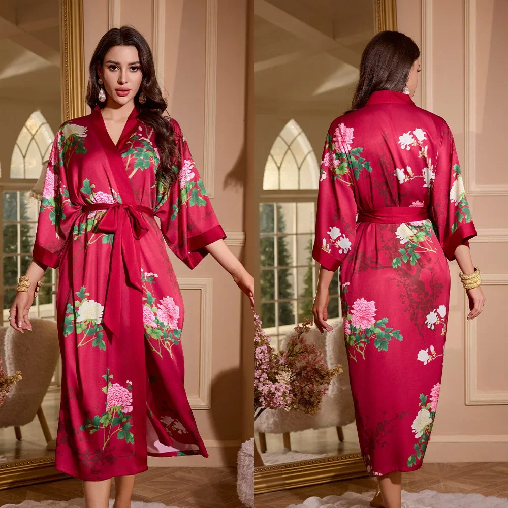 

Long Shower Robe Print Flower Kimono Gown Lady Rayon Homewear Spring Summer New Nightgown Intimate Lingerie Women Sexy Sleepwear