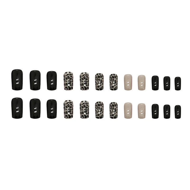 24pcs Black Leopard Print Mid-Length Square Autumn Elegant Press on Nail Artificial Cheap Decorated False Nails Girl with Charms