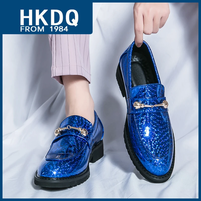 HKDQ Fashion Blue Elegant Man Dress Shoes Original Glitter Patent Leather Shoes Men Slip-on Moccasins Luxury Men's Social Shoe