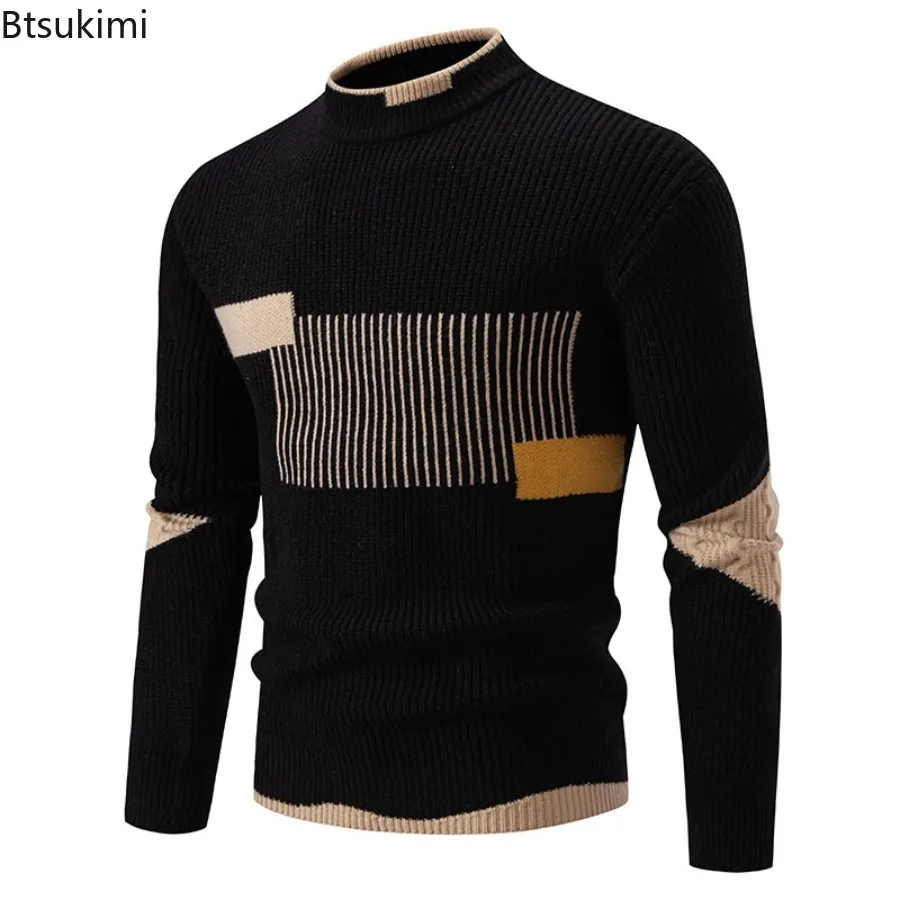 2025 Men's Sweater Fashion Color Block Autumn/Winter Knitted Sweater Fashion High Street Pullover Outdoor Loose Warm Thick Coats