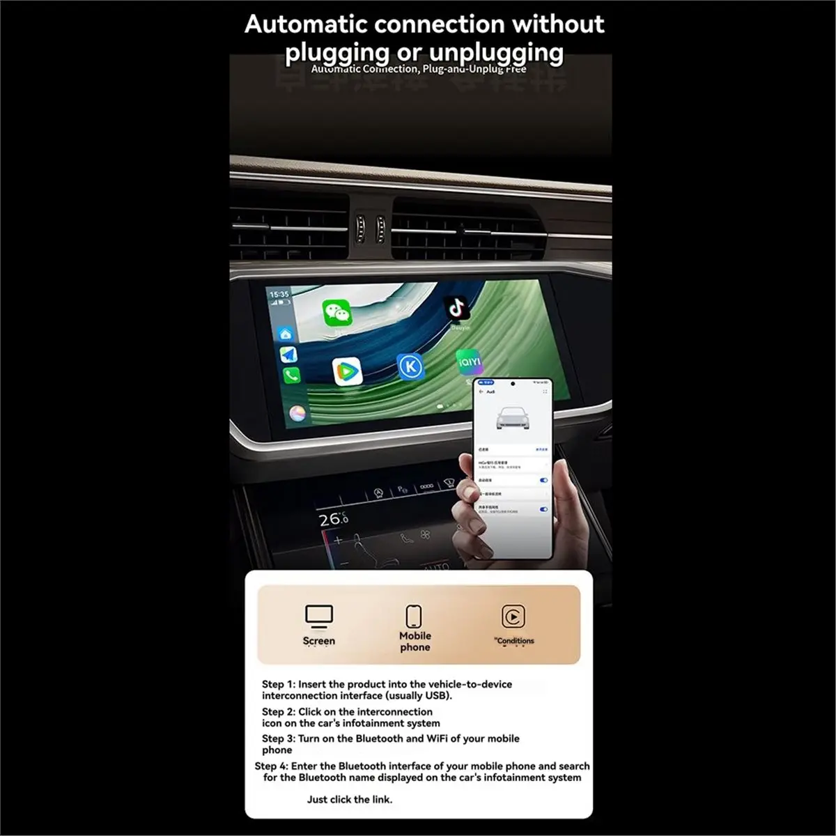 T1562C Tools-2 In1 Wireless Carplay Adapter Android AUTO Carplay Smart AI Box WiFi & Bluetooth Wired CarPlay to Wireless Carplay