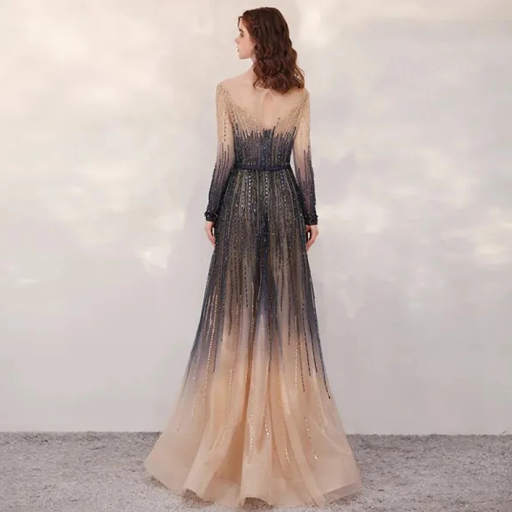 Роскошное вечернее платье из тюля с бисером и овальным вырезом, длиной до пола, с длинным рукавом, иллюзия, изысканное индивидуальное платье ручной работы فساتين سهرة