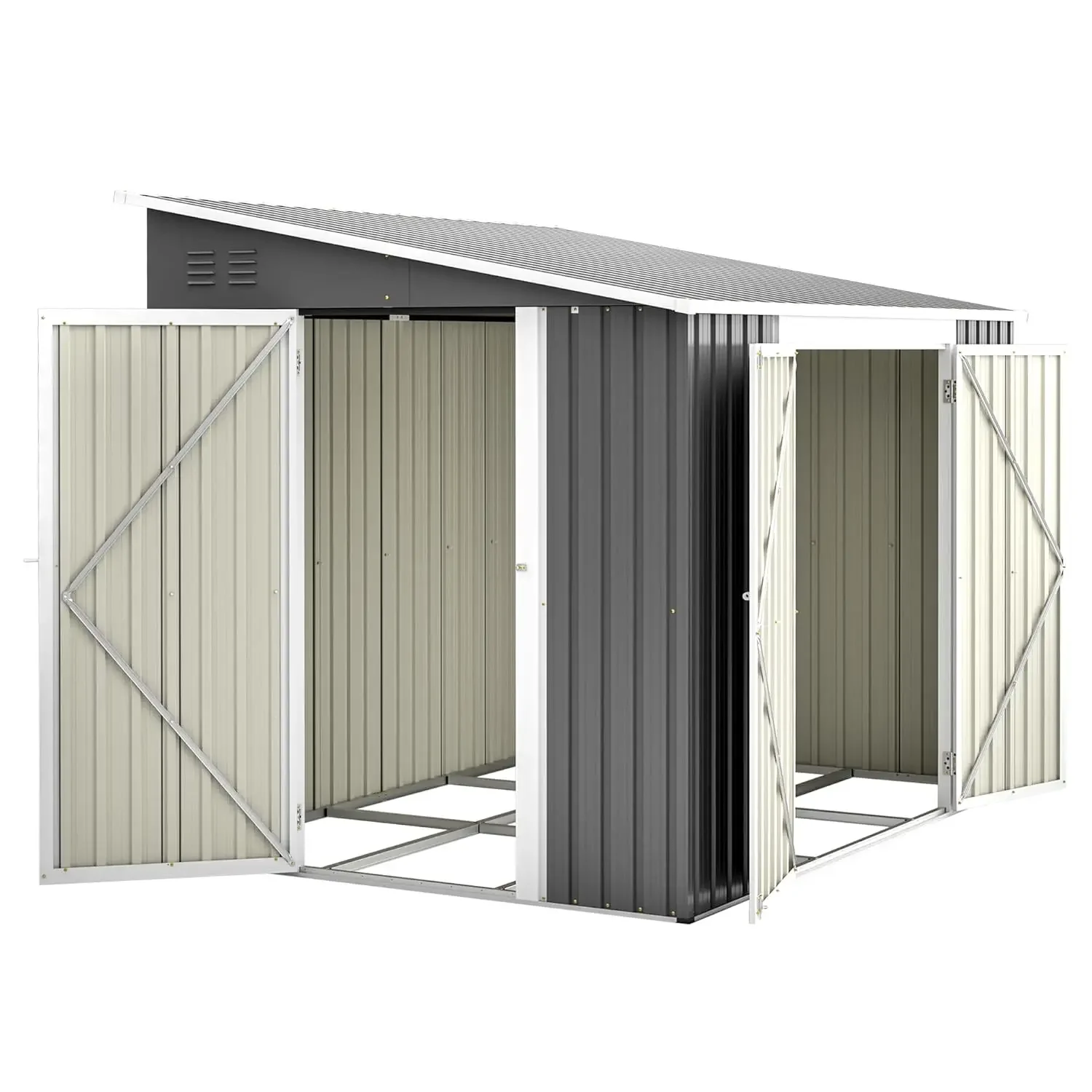 new Outdoor Lean-to Metal Storage Shed, Floor Frame & Two Lockable Doors for Tool & Lawn Mower Storage, Customized
