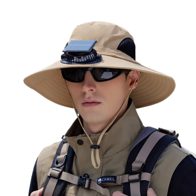 

New Summer Solar Fan Cap Quick Drying Bucket Hat For Men Outdoor Cool Fishing Sun Protection Cap Large Brim Fisherman Hat Male