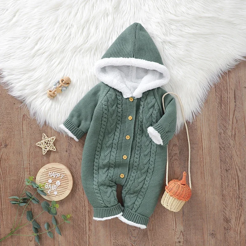 

Baby Romper Fashion Hooded Newborn Boy Girl Jumpsuit Knitted Plus Fleece Infant Toddler Winter Clothing Long Sleeve Onesie 0-18M