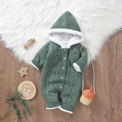 Baby Romper Fashion Hooded Newborn Boy Girl Jumpsuit Knitted Plus Fleece Infant Toddler Winter Clothing Long Sleeve Onesie 0-18M