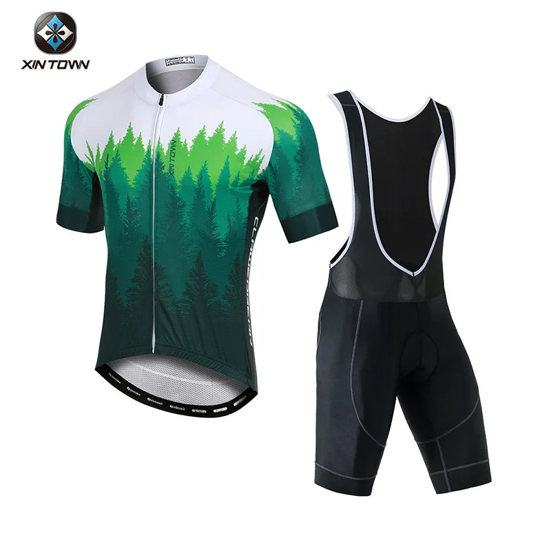 XINTOWN New Summer Men's Cycling Bib Short Suit Tree Texture Bike Clothing Short Sleeve Jersey Quick-Dry Set