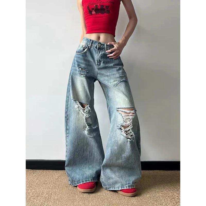 

ZHIZOU Американские Ретро Y2K 2000-х годов Рваные синие джинсы Женские свободные широкие брюки в стиле хип-хоп 2026 Весенний стиль Прямые брюки с высокой талией
