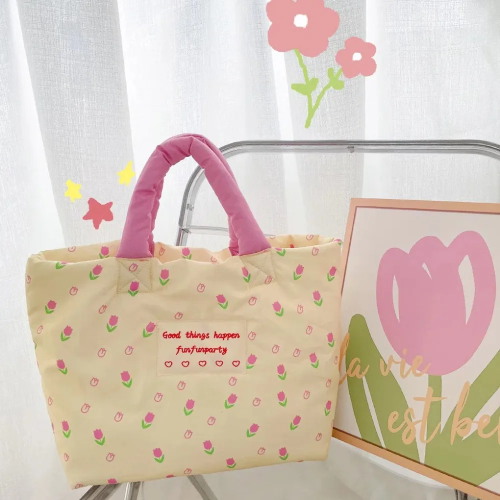 Cartoon Dog Cotton Padded Tote Bag Flower Large Capacity Mommy Quilte Handbag Korean Style Tulips Flower Shoulder Bag Women