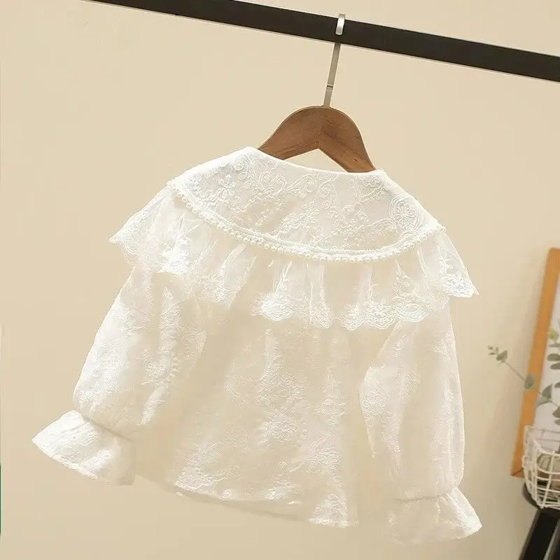 Girls' White Long Sleeve Shirt Spring and Autumn New Style Children's Western Double Collar Shirt Korean 110-170cm