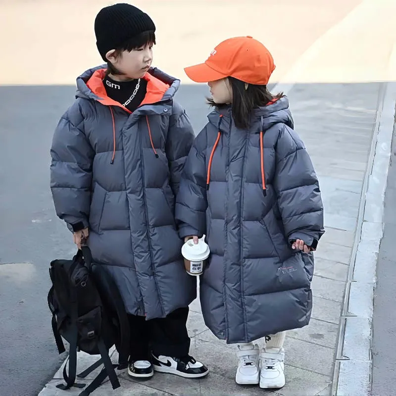 Winter Warm Girls Boys Contrast X-Long Hooded Zipper Puffer Jackets School Kid Thick Coat Top Children Outfit Windbreaker 4-16Yr