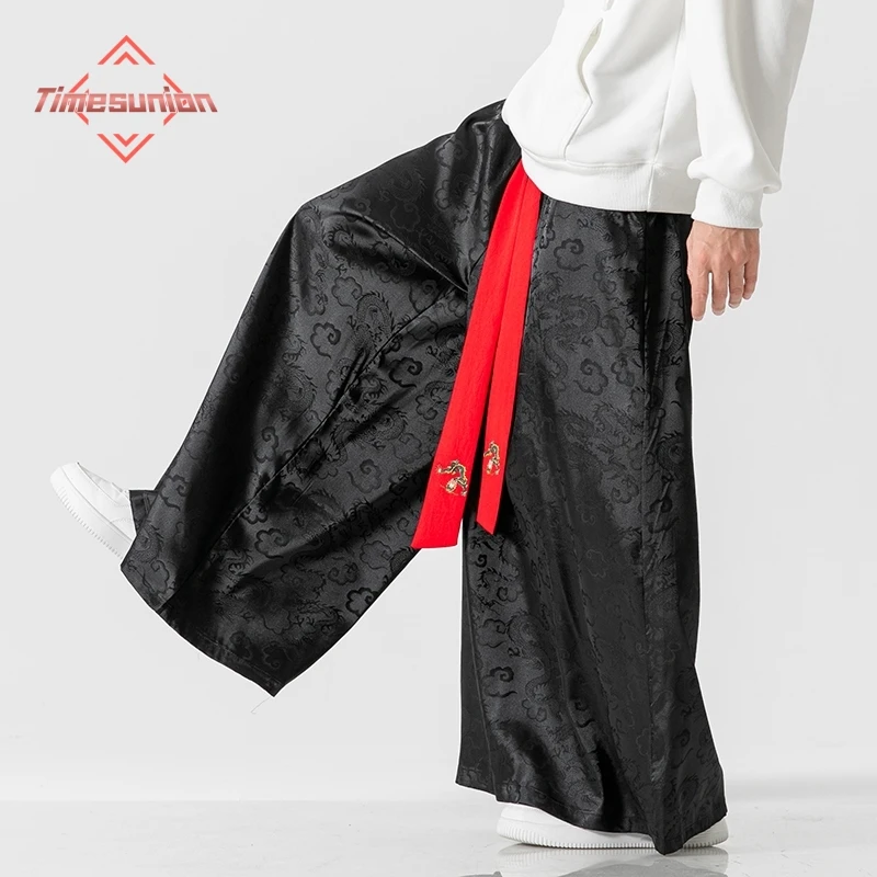 Autumn Hanfu Dragon Pattern Dark Flower Men's Beach Bloomers Retro Casual Wide-leg Pants Harajuku Fashion Hip-hop Jogging Pants