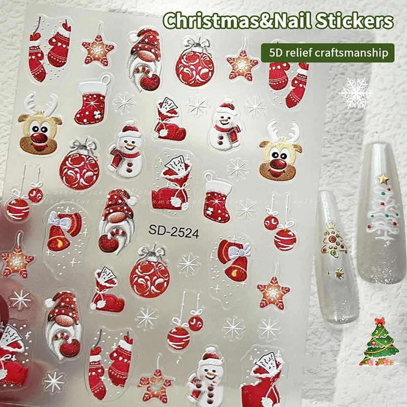 1 foglio adesivo natalizio per nail art in rilievo albero di Natale alce fiocchi di neve adesivi per nail art decalcomanie per manicure natalizie
