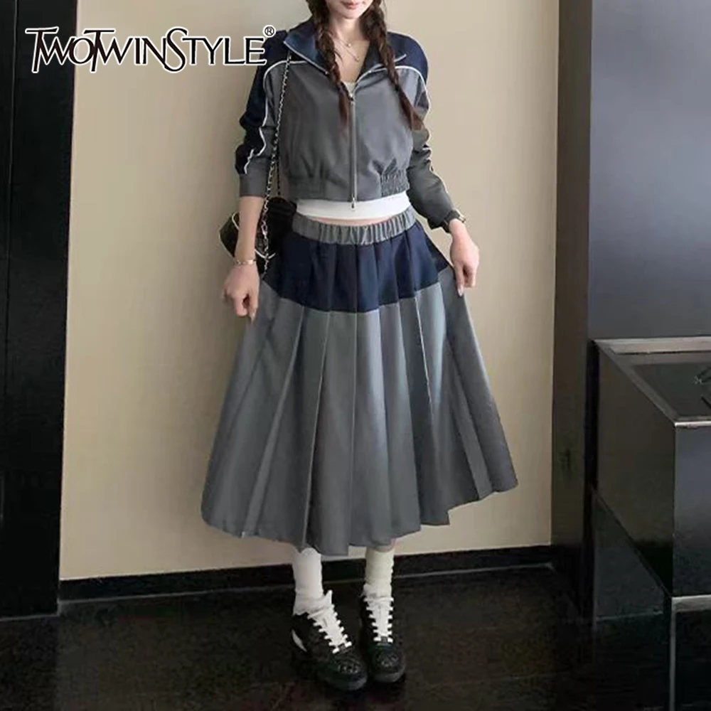 

TWOTWINSTYLE темно-серый комплект из двух предметов со сращенными складками, женская куртка с длинными рукавами и лацканами, милый уличный женский комплект с юбкой, модный новый