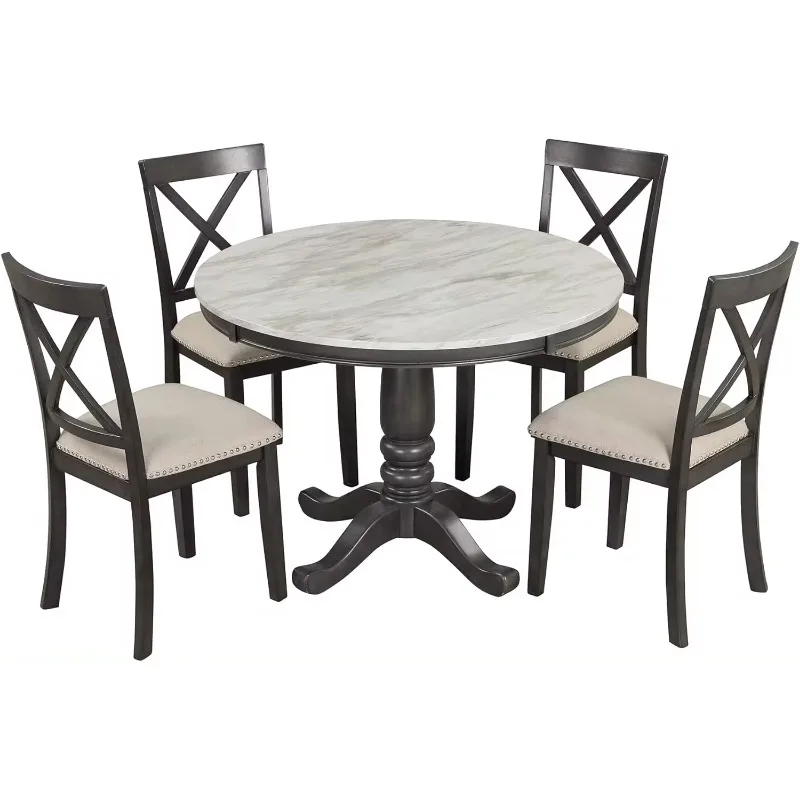 

Faux Marble Round Dining Room Table,Kitchen Dining Furniture Set with Round Table and Upholstered Chairs, Solid Wood Dining Set