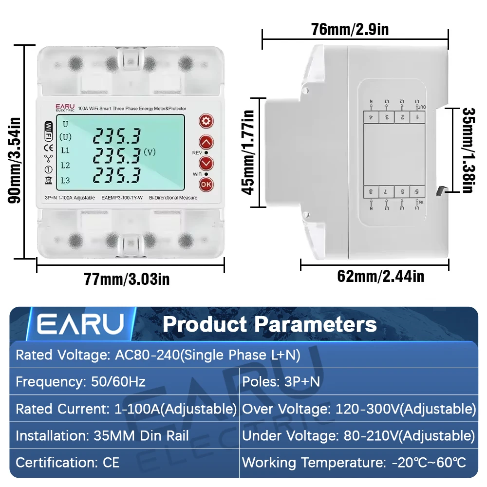 Three Phase 380V Tuya WiFi Smart Bi-Directional Energy Power kWh Meter Over Under Voltage Protector Relay Switch Current Limit