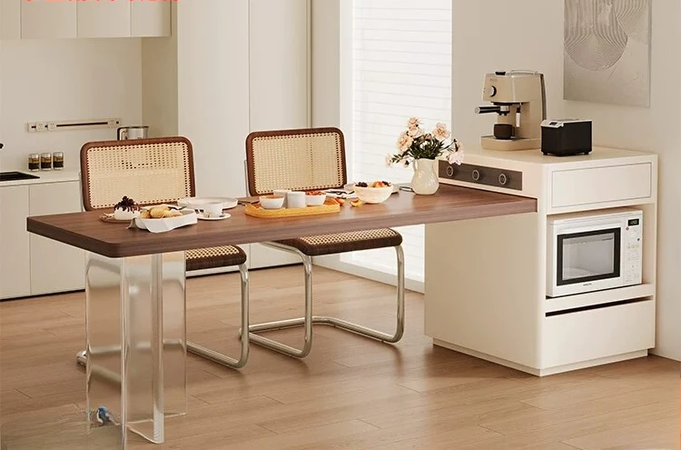 

PYJ solid wood light luxury black walnut wood grain high-end sense household retractable island dining table integrated