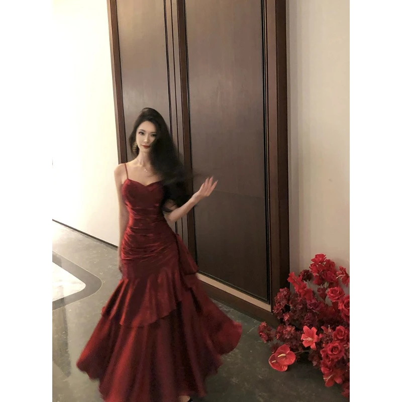 女性用サマーニューエレガントラッフルマキシドレス、ライトラグジュアリーボディコンスリングフィッシュテールドレス、ヴィンテージパーティガウン、プロムやイベントに