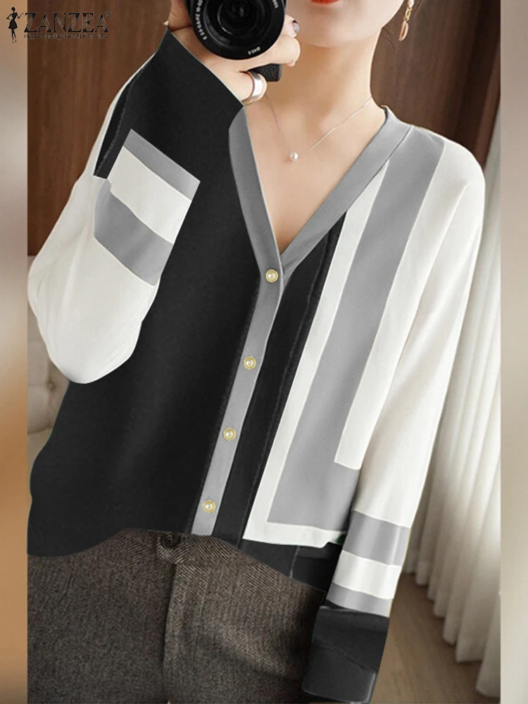 

Women Colorblock Blouse ZANZEA Fashion V-neck Gentle Cardigan Office Lady Long Sleeve Tops Vintage Spring 2025 Korean Tunics