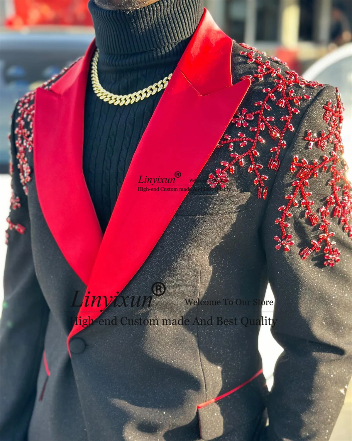 Glitter Black Men Suits With Beaded Crystals Groom Wedding Tuxedos 2 Pieces Set Formal Party Prom Blazer Slim Fit Costume Homme