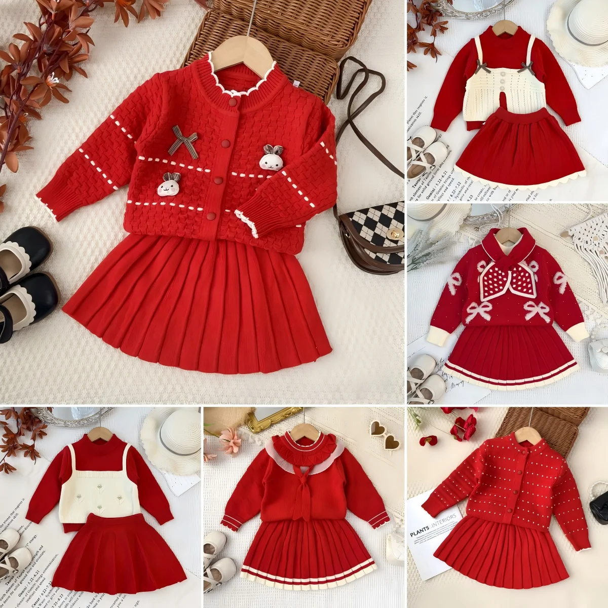 Autumn and Winter Red Christmas and New Year Girl 2-6 Years Old Sweater Set Two-piece Top+pleated Skirt Casual