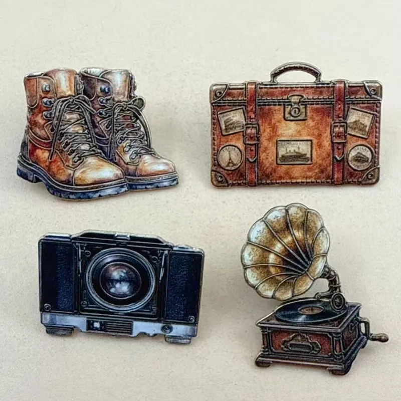 4pcs Creative Vintage Telephone Cassette Camera Record Player Alloy Enamel Brooch Lapel Pin Tape Backpack Badge Accessories