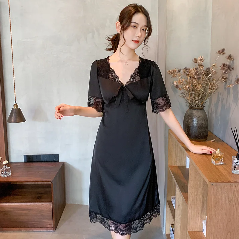 Women Nightdress Lace V-Neck Nightgown Summer Silky Satin Sleepwear Lingerie Dressing Gown Bathrobe Home Dress Loungewear