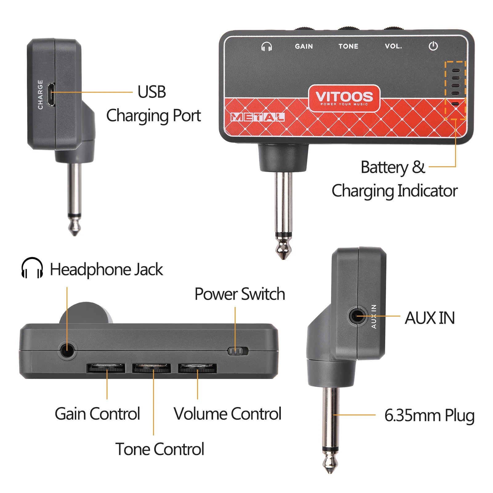 VITOOS METAL/ROCK Guitar Headphone Amplifier Amp 1/4 Inch Plug 3.5mm Headphone Jack & Aux In with Gain Tone Volume Contorls