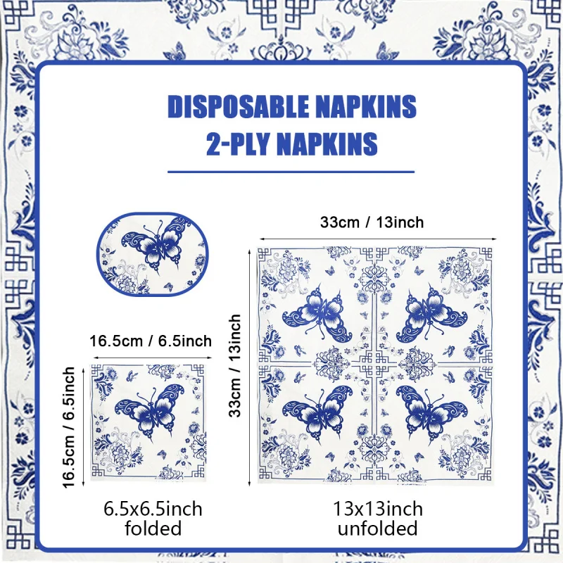 Middle Eastern Style Butterfly Party Napkins Blue and White Porcelain Disposable Hotel Gathering Double Layer Disposable Napkins