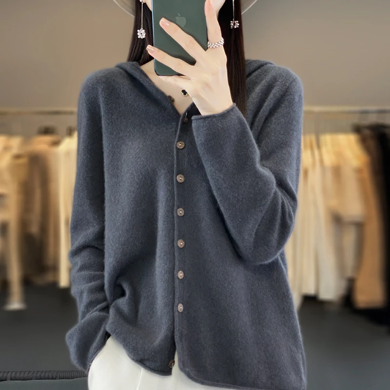 Fall/Winter 2024 New 100% Merino Sweater Women\'s Hooded Cardigan Loose Sweater Long Sleeve Button Knitted Sweater Jacket