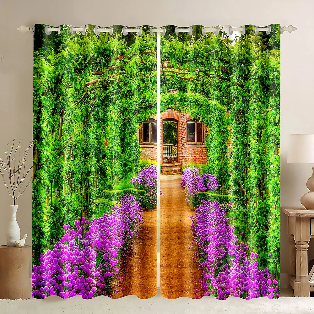 Garden Pink Flowers Wall Blackout Curtains,3D Printed Garden Image Arched Doorway Nature Landscape Plant Blackout Curtains