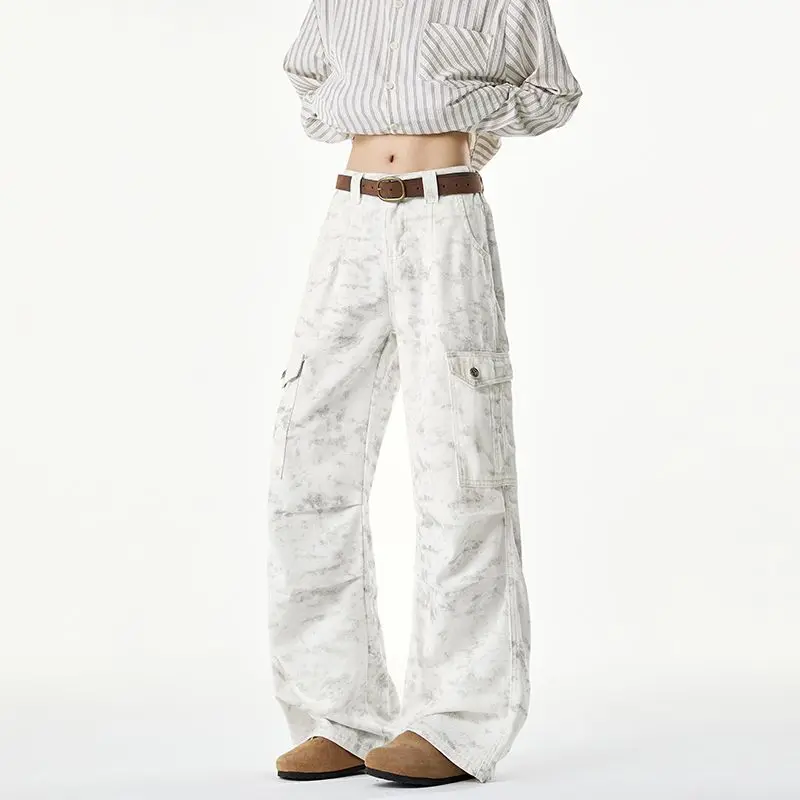 American Sle Tie Dye Loose Work Pants Men's Autumn Winter White Pants Pleated Lazy Sle Bell Bot Casual Straight Leg J...