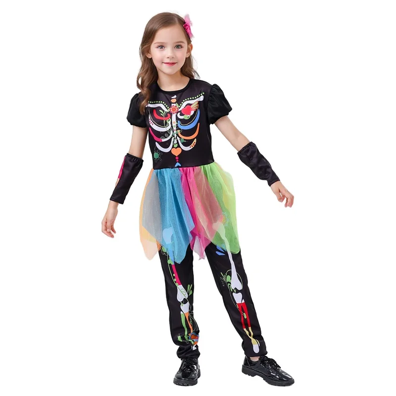 Kid Girls Halloween Costume Short Sleeve Skeleton Print Tulle Patchwork Jumpsuit Headpiece Oversleeves