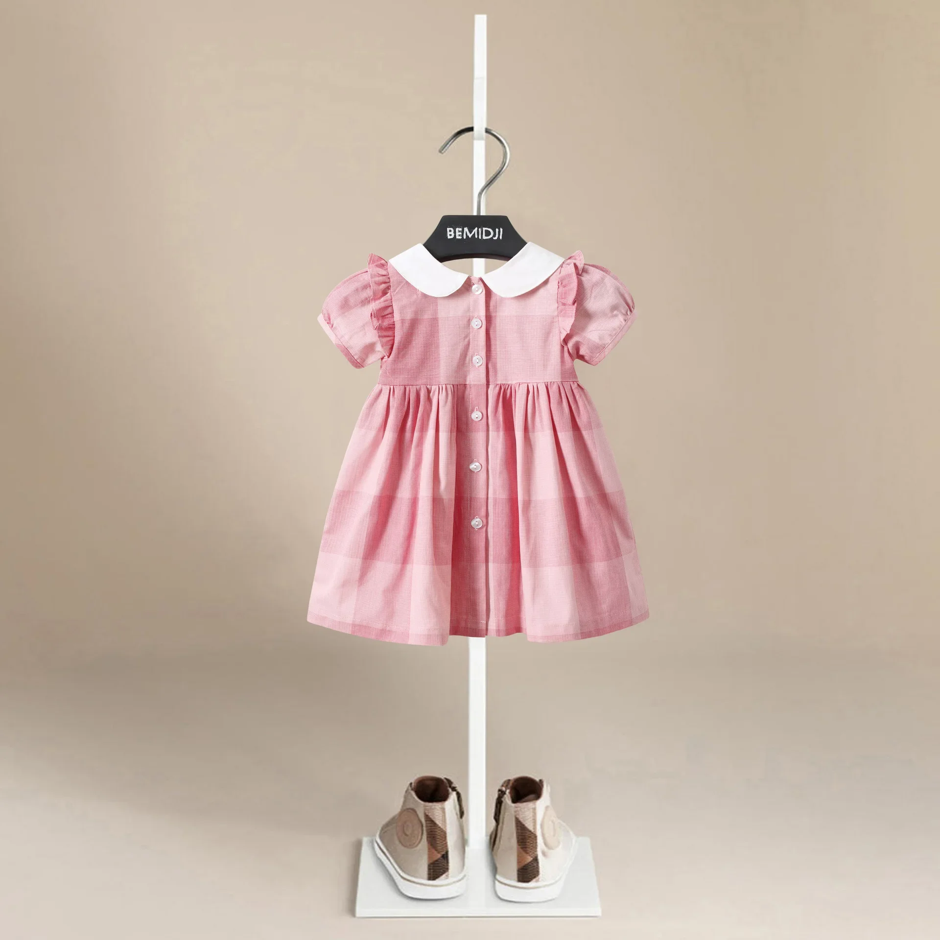 Baby Girls Dresses European & America Toddler Kids Girl Dress  Cotton Summer Puff Sleeves Pink Clothings Princess Girl Clothes